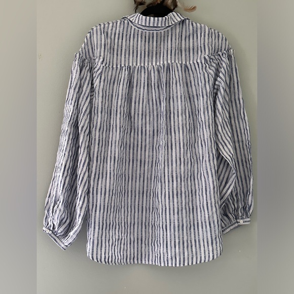 Umgee Button Up Blouse Women's Size S Blue White Striped Long Balloon Sleeves - Picture 9 of 16